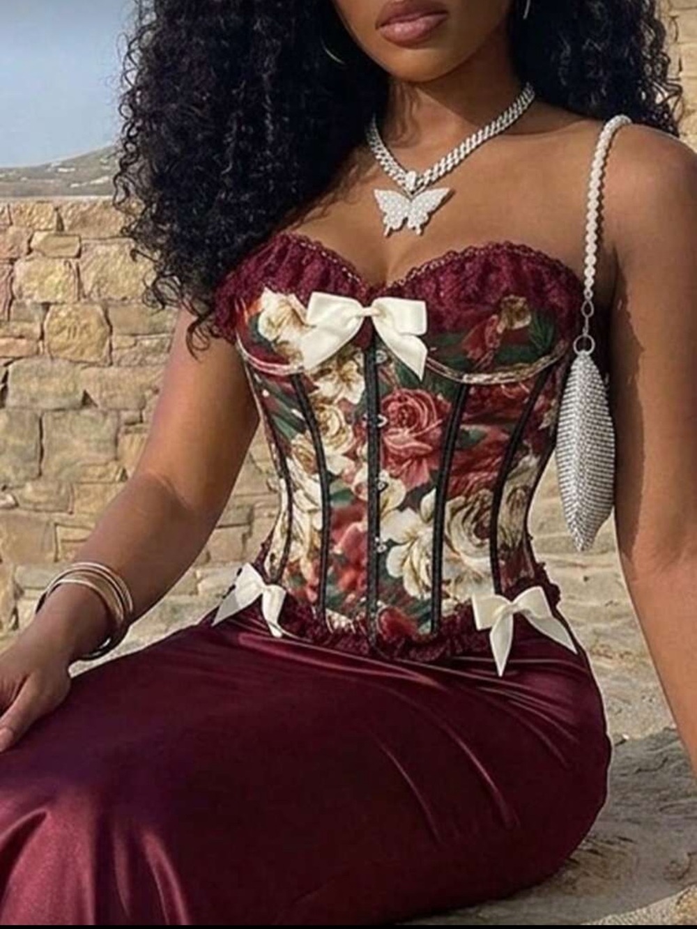 Floral Satin Bustier Corset Top in Burgundy with Ivory Bows